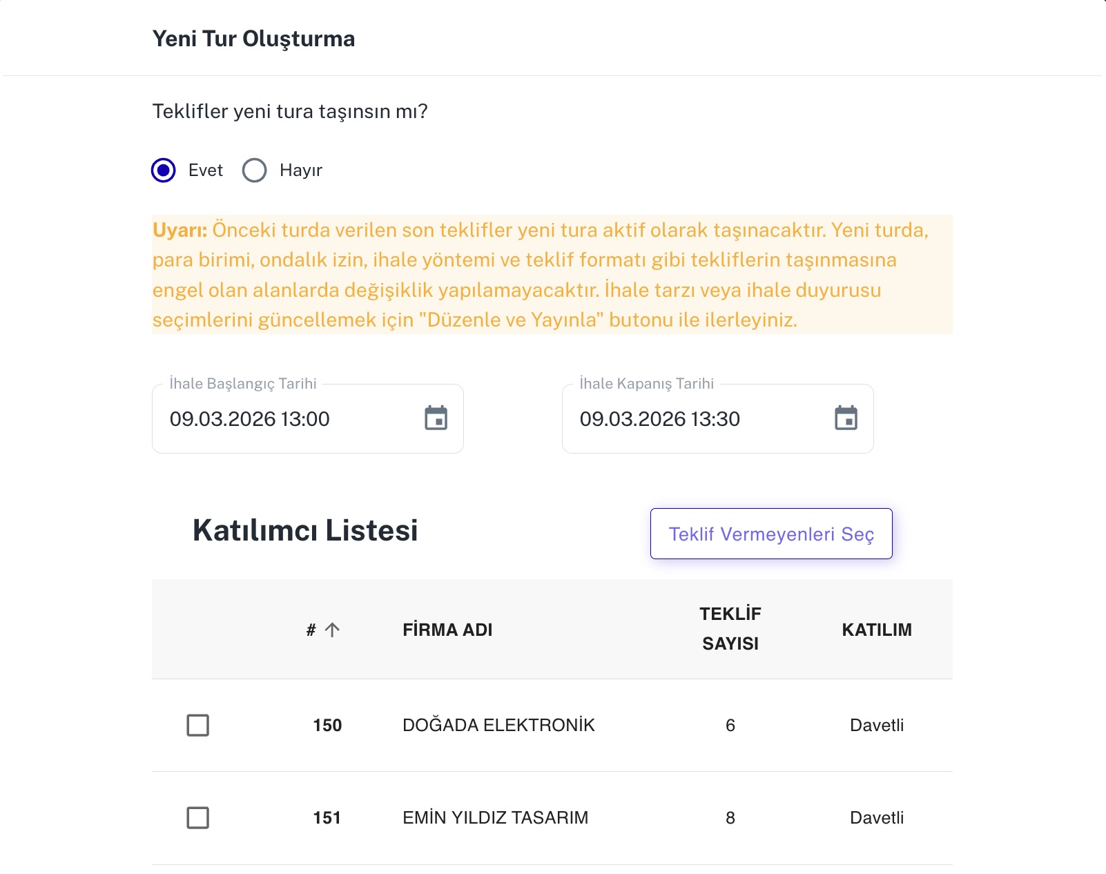Yeni tur teklif taşıma ve tarih seçimi
